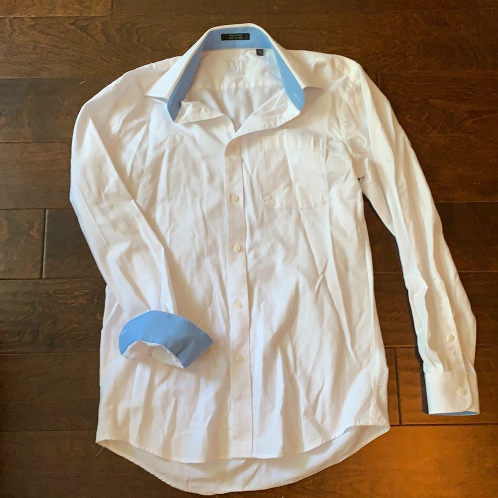 XMI White button down with French blue contrast